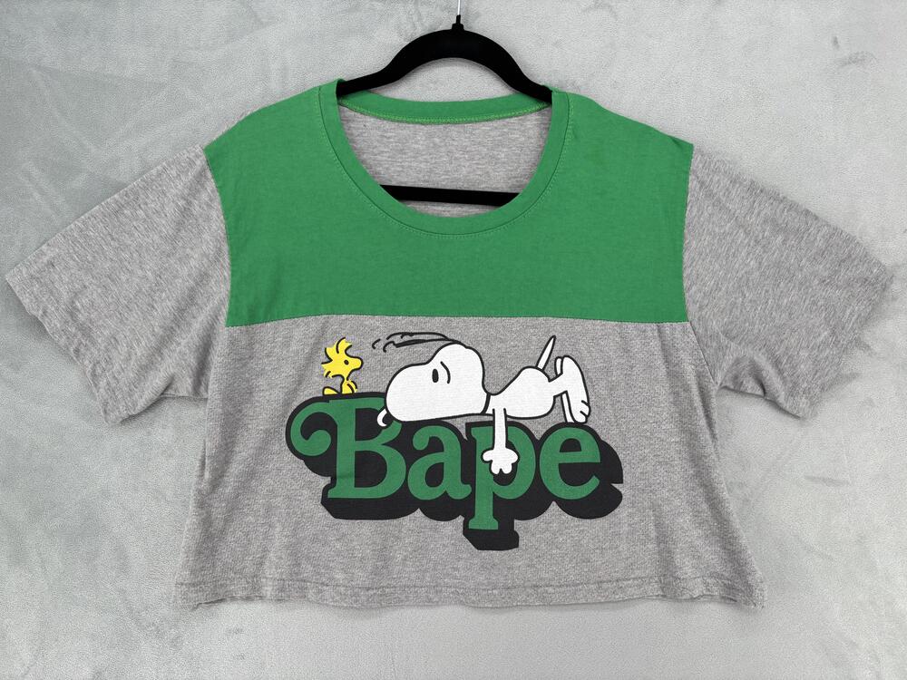 Bape Shirt Womens Gray Green Snoopy Woodstock Peanuts Cropped Tee Streetwear